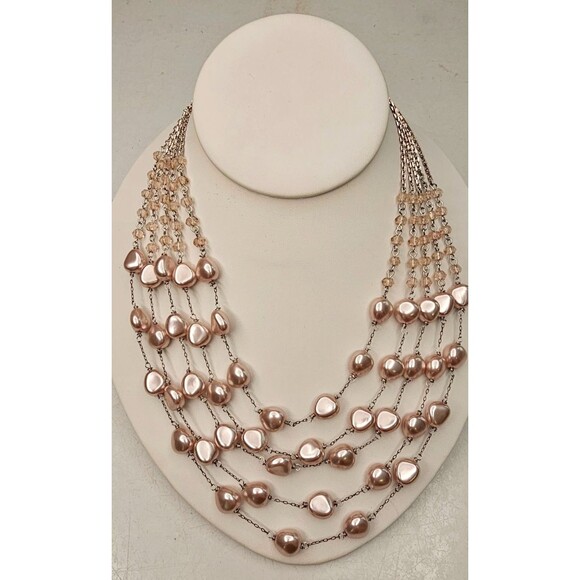 Multi Strand Pink Faux Pearl Silver Chain Beaded Layered Necklace 16" Adjustable - Picture 1 of 7